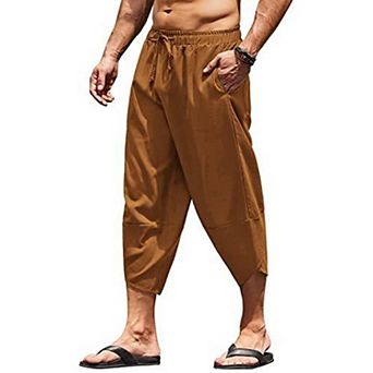 COOFANDY Men's Linen Harem Capri Pants Lightweight Loose 3/4 Shorts Drawstring Trousers Pants