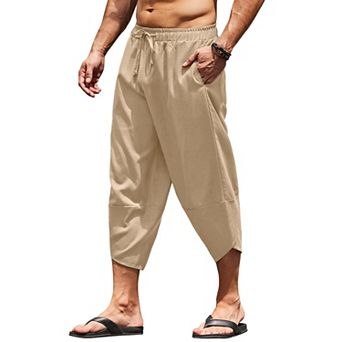 COOFANDY Men's Linen Harem Capri Pants Lightweight Loose 3/4 Shorts Drawstring Trousers Pants
