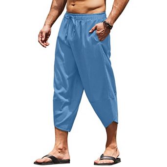 COOFANDY Men's Linen Harem Capri Pants Lightweight Loose 3/4 Shorts Drawstring Trousers Pants