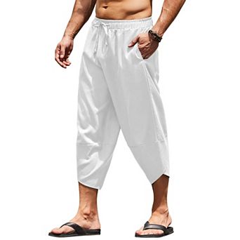 COOFANDY Men's Linen Harem Capri Pants Lightweight Loose 3/4 Shorts Drawstring Trousers Pants