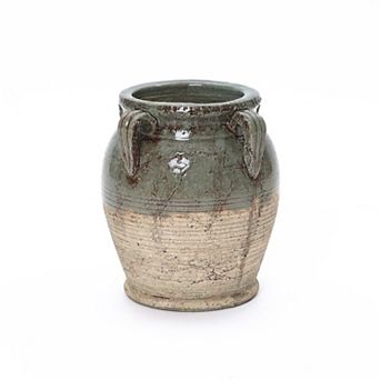 LuxenHome 9.45" Rustic Green & Brown Terracotta Jar Vase with Four Handles, Round Pottery-Style