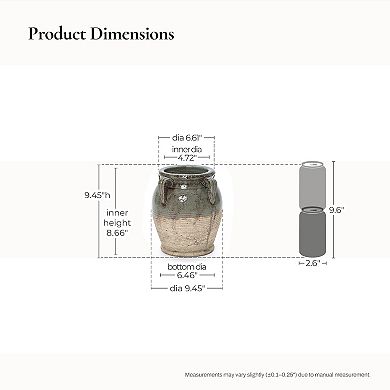LuxenHome 9.45" Rustic Green & Brown Terracotta Jar Vase with Four Handles, Round Pottery-Style