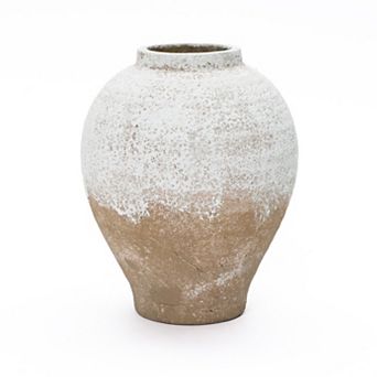 LuxenHome 11" Rustic White & Brown Terracotta Vase, Vintage Wide-Body, Narrow-Mouth Ceramic Accent
