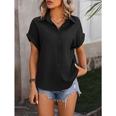 Womens Button Down Shirts Casual Short Sleeve Dress Shirt Texture Collare Summer Clothes Work Blouse