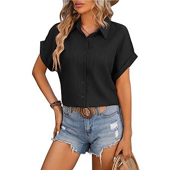 Womens Button Down Shirts Casual Short Sleeve Dress Shirt Texture Collare Summer Clothes Work Blouse