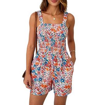 Women's Casual Pleated Jumpsuit Square Neck Sleeveless Loose Shorts Jumpsuit