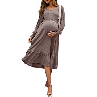 Women Maternity Dress Puff Long Sleeve V Neck Pleated Flare Midi Flowy Dress