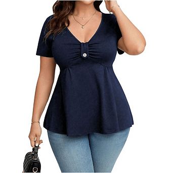Womens Plus Tops Casual Ruched Ruffle V Neck Short Sleeve Twist Front Button Detail Slim Fit Blouse