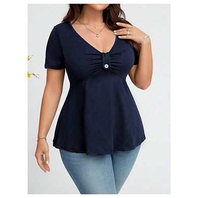Womens Plus Tops Casual Ruched Ruffle V Neck Short Sleeve Twist Front Button Detail Slim Fit Blouse