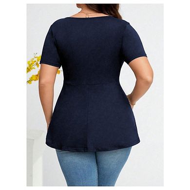 Womens Plus Tops Casual Ruched Ruffle V Neck Short Sleeve Twist Front Button Detail Slim Fit Blouse