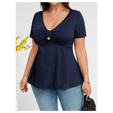 Womens Plus Tops Casual Ruched Ruffle V Neck Short Sleeve Twist Front Button Detail Slim Fit Blouse