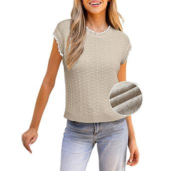 Womens Cap Sleeve Sweater Vest Crewneck Short Sleeve Sweaters Trendy Casual Knit Tops