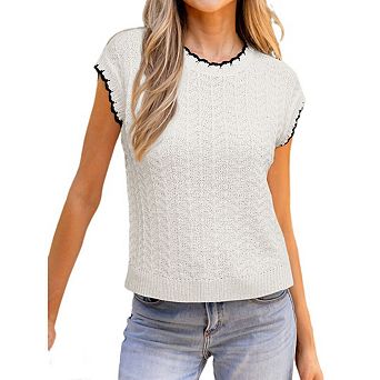 Womens Cap Sleeve Sweater Vest Crewneck Short Sleeve Sweaters Trendy Casual Knit Tops