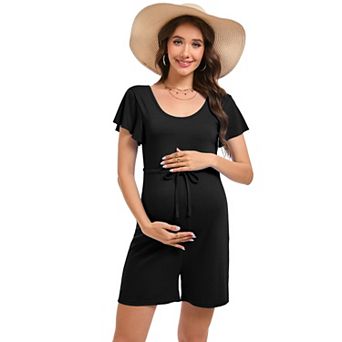 Women Maternity Ruffle Sleeve Round Neck Drawstring Romper
