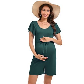 Women Maternity Ruffle Sleeve Round Neck Drawstring Romper
