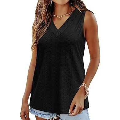 Women's Tank Top V Neck T Shirts Trendy Eyelet Sleeveless Basic Beach Vacation Clothes