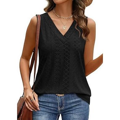 Women's Tank Top V Neck T Shirts Trendy Eyelet Sleeveless Basic Beach Vacation Clothes