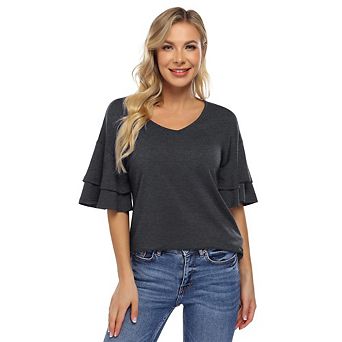 Womens 3/4 Sleeve Blouses Ruffle V Neck Double Tiered Bell Summer T-Shirts Loose Fit Casual Tee