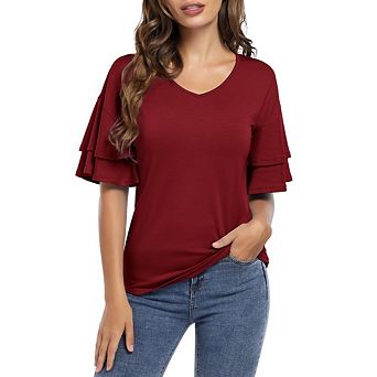 Womens 3/4 Sleeve Blouses Ruffle V Neck Double Tiered Bell Summer T-Shirts Loose Fit Casual Tee