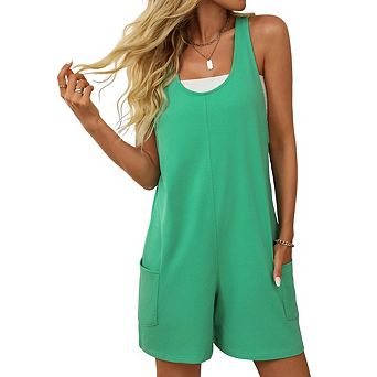 Women's Casual Solid Color Jumpsuit Backless Sleeveless Wide-Strap Shorts Jumpsuit with Pockets