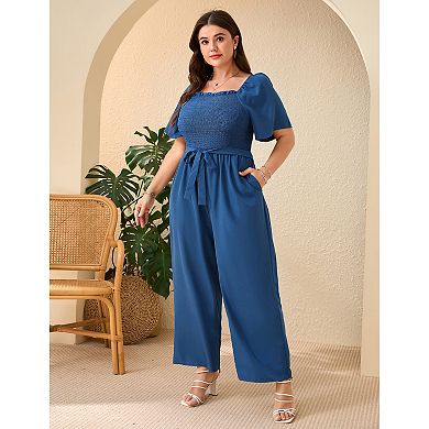 Women Jumpsuit Floral Short Sleeve Wide Leg Romper with Belt