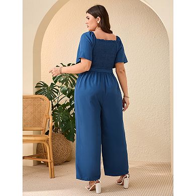 Women Jumpsuit Floral Short Sleeve Wide Leg Romper with Belt