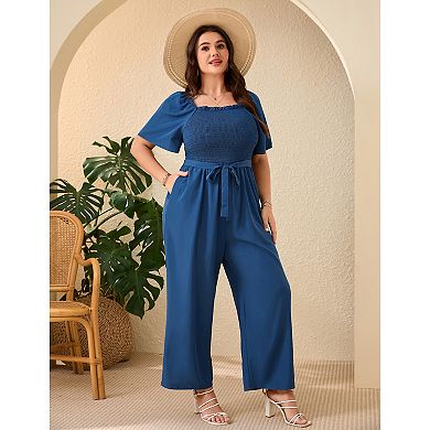 Women Jumpsuit Floral Short Sleeve Wide Leg Romper with Belt