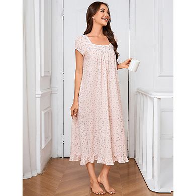 Nightgown for Women Short Sleeve Button Square Neck Nightdress with Pockets