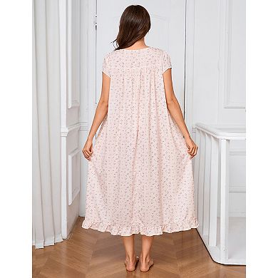 Nightgown for Women Short Sleeve Button Square Neck Nightdress with Pockets