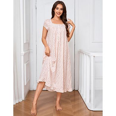 Nightgown for Women Short Sleeve Button Square Neck Nightdress with Pockets