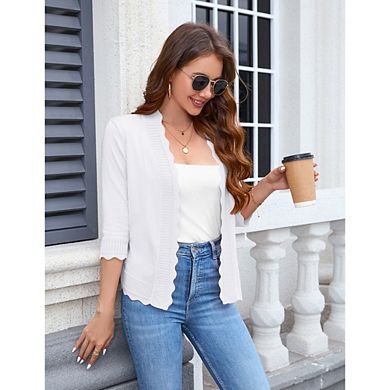 Womens 3/4 Sleeve Cardigan Sweaters Casual Lightweight Button Down Scallop Knit V-Neck Fall Clothes