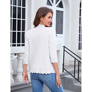 Womens 3/4 Sleeve Cardigan Sweaters Casual Lightweight Button Down Scallop Knit V-Neck Fall Clothes