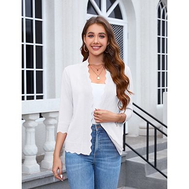 Womens 3/4 Sleeve Cardigan Sweaters Casual Lightweight Button Down Scallop Knit V-Neck Fall Clothes