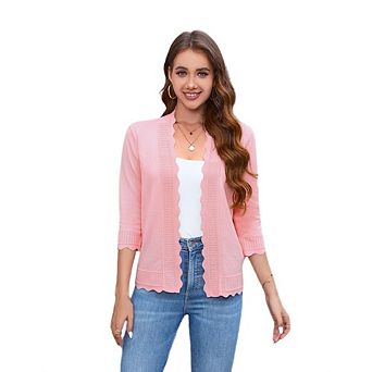 Womens 3/4 Sleeve Cardigan Sweaters Casual Lightweight Button Down Scallop Knit V-Neck Fall Clothes