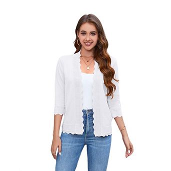 Womens 3/4 Sleeve Cardigan Sweaters Casual Lightweight Button Down Scallop Knit V-Neck Fall Clothes
