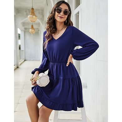 Women Lantern Long Sleeve Casual Loose Flowy Swing Dress