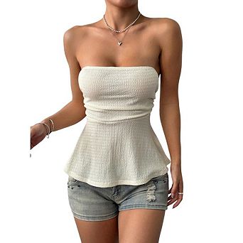 Womens Peplum Tube Sleeveless Strapless Bandeau Cute Ruffle Knit Tank Top