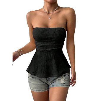 Womens Peplum Tube Sleeveless Strapless Bandeau Cute Ruffle Knit Tank Top