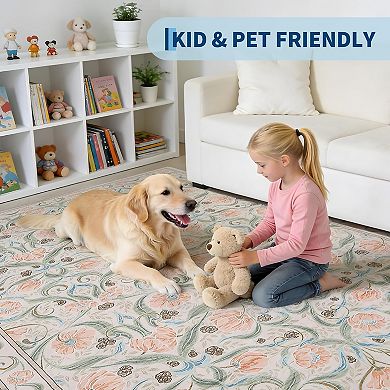 Area Rug,Floral Modern Washable Rugs,Non-Slip Low-Pile Soft Floor Carpet