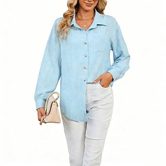Womens Button Down Shirts Long Sleeve Dress Shirt Texture Work Blouse Dressy Casual Tops with Pocket