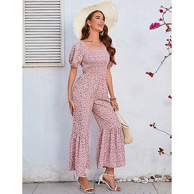 Women Floral Lantern Short Sleeve Ruffle Jumpsuit