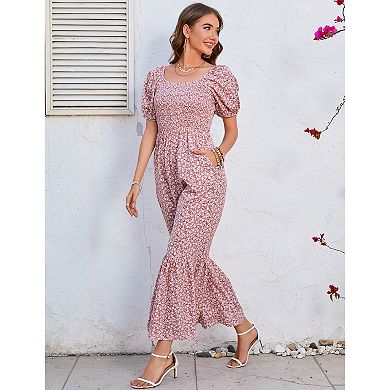 Women Floral Lantern Short Sleeve Ruffle Jumpsuit
