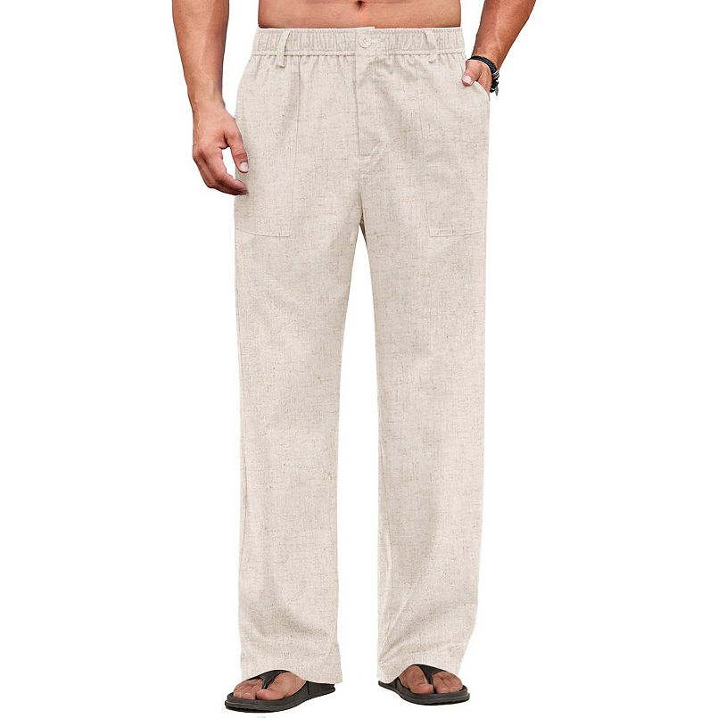 A man wearing khaki linen pants