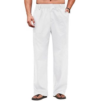 COOFANDY Men's Casual Linen Cotton Pants Elastic Waist Beach Trousers Lightweight Vacation Pants