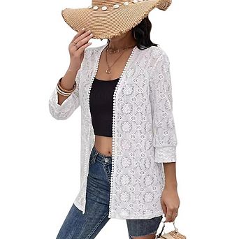 Women’s 3/4 Sleeve Lace Long Sleeve Open Front Floral Crochet Shrug Cover Up