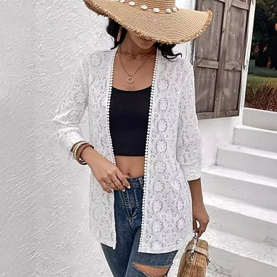 Women’s 3/4 Sleeve Lace Long Sleeve Open Front Floral Crochet Shrug Cover Up