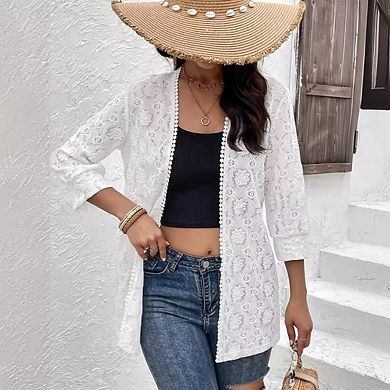 Women’s 3/4 Sleeve Lace Long Sleeve Open Front Floral Crochet Shrug Cover Up