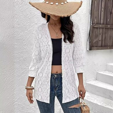 Women’s 3/4 Sleeve Lace Long Sleeve Open Front Floral Crochet Shrug Cover Up