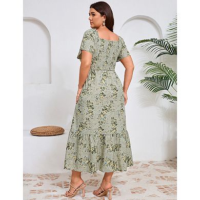 Women Plus Size Casual Floral Square Neck Dress