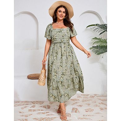 Women Plus Size Casual Floral Square Neck Dress